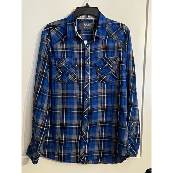 BKE Other - Buckle Black Shirt Sz L Blue Gray Plaid Standard Fit Western Pearl Snap Cowboy